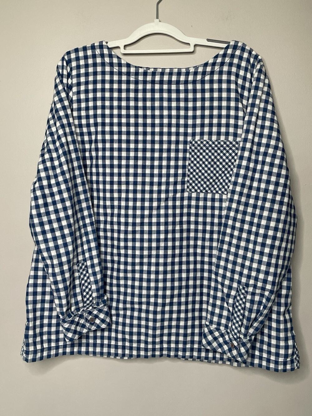 J Jill XL Blue White Gingham Check Cotton Blouse Boat Neck Button Front Cottagec - Picture 1 of 13